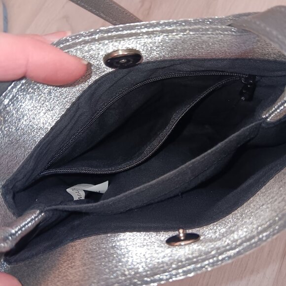 Silvery Dark Grey Shoulder Bag 8" x 7" Zipper Pocket Double Straps 11" Drop - Picture 7 of 12